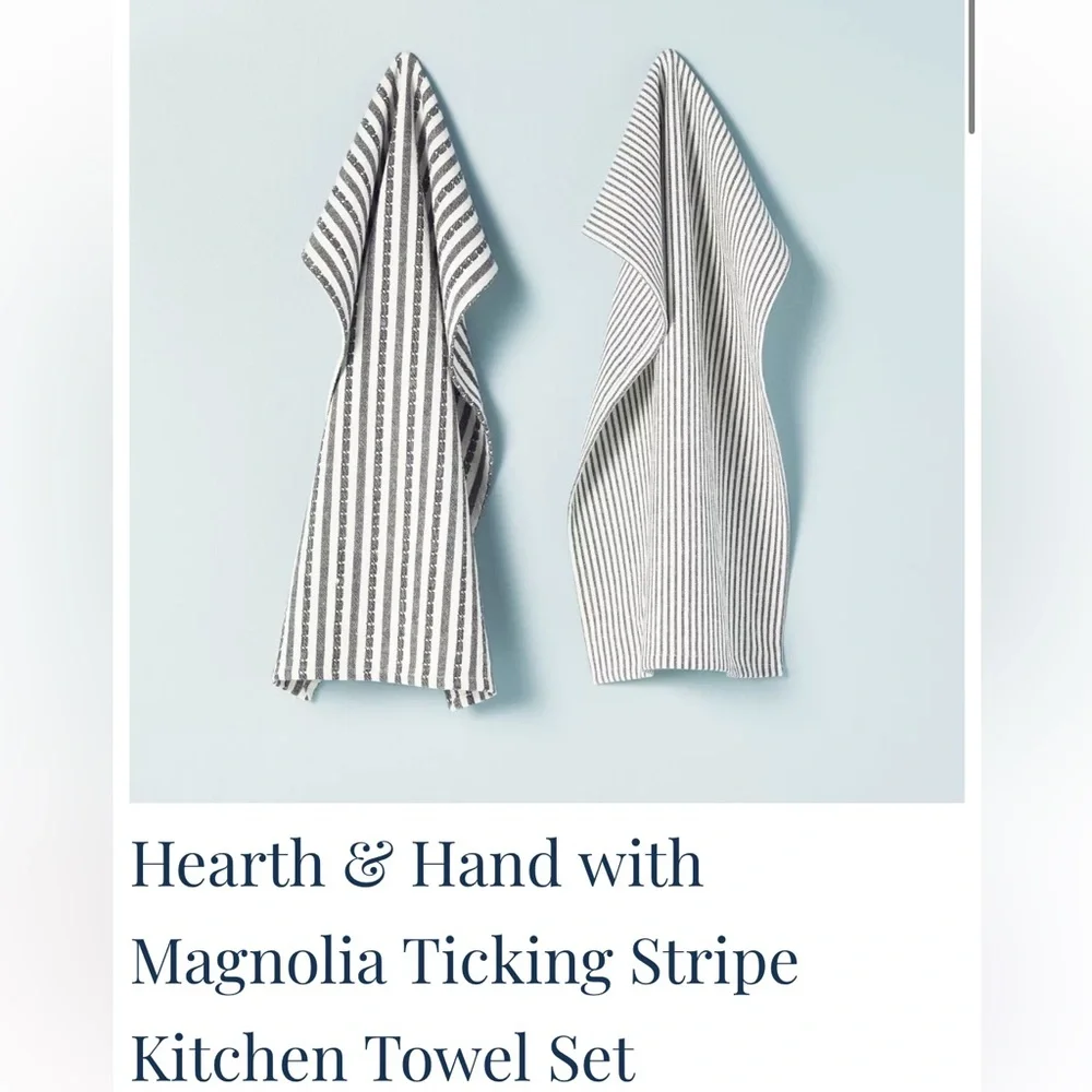 NWT Hearth & Hand Black and White Striped Ticking Kitchen Towels Set